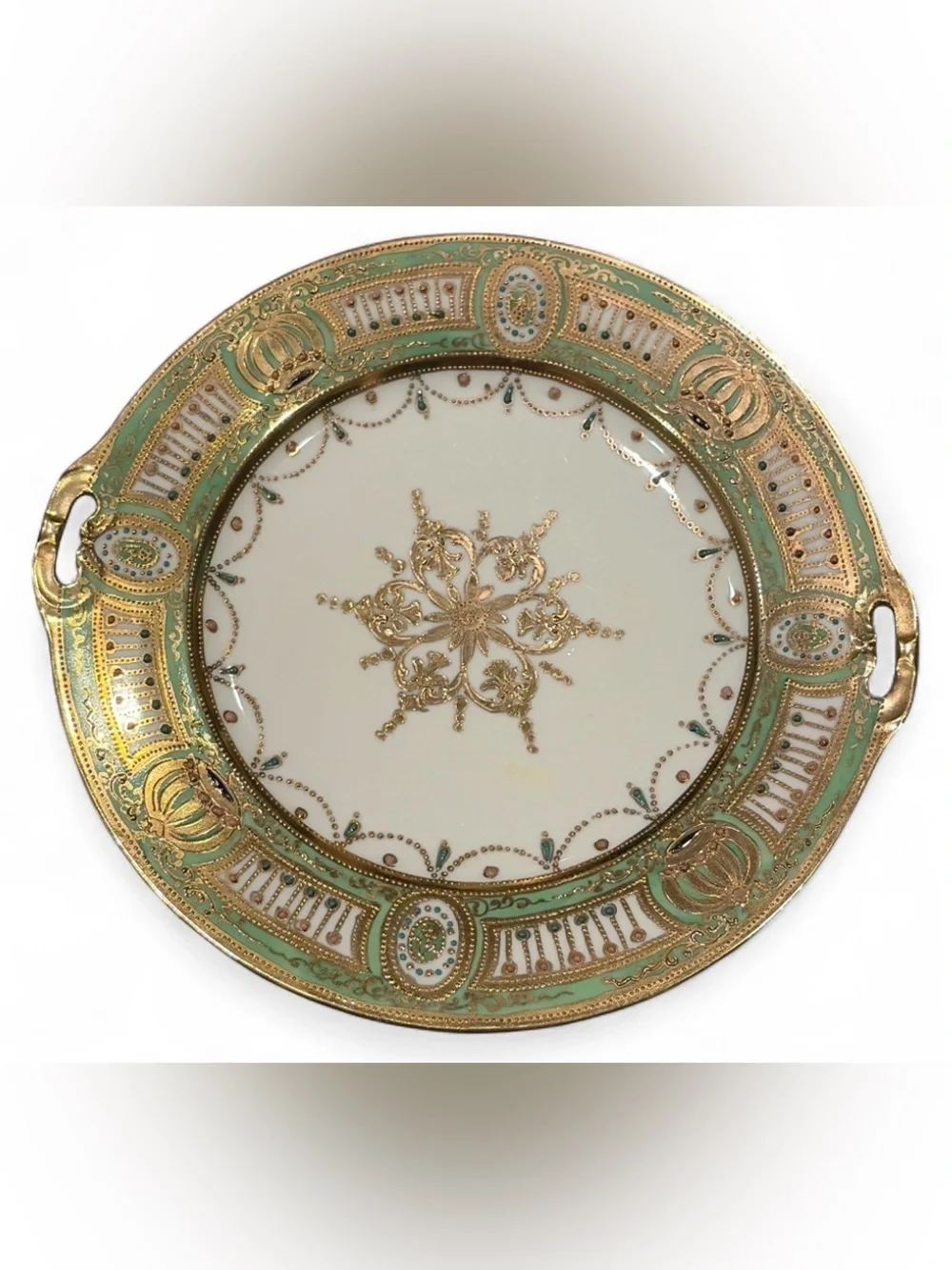 Antique Nippon Hand Painted Moriage Porcelain Handled Serving Plate Tray Dish